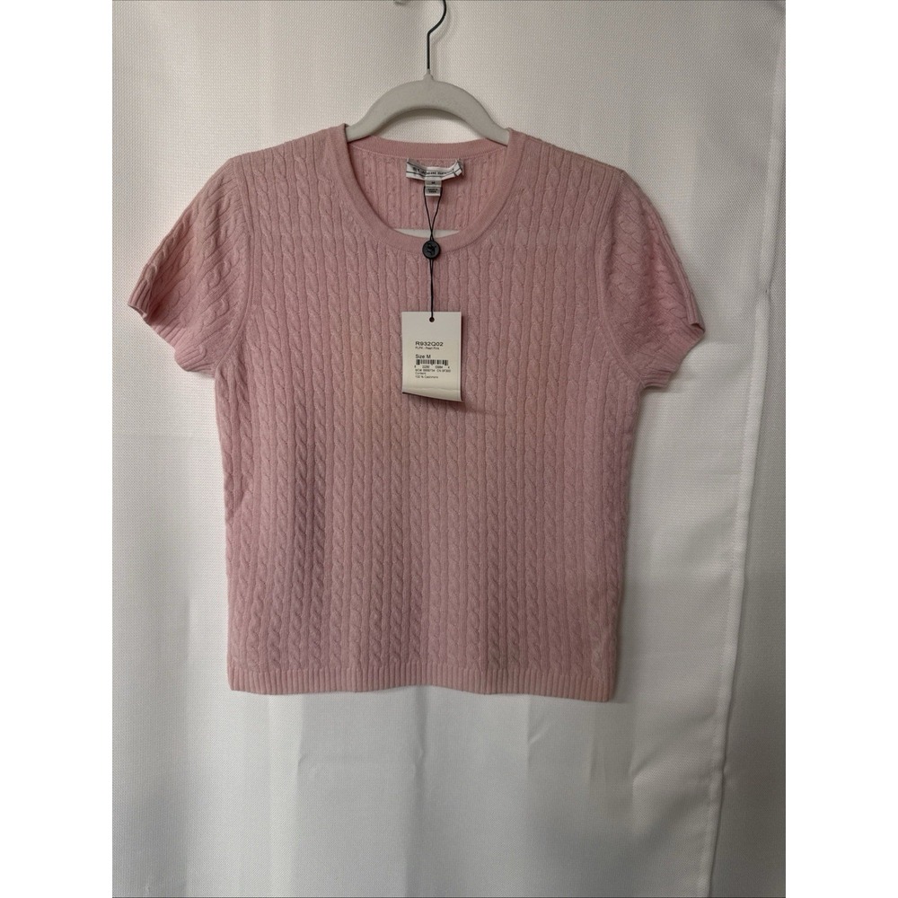 NWT VTG St. John Sport Sz M Cashmere Cable Knit Short Slv Sweater‎ Pearl Pink